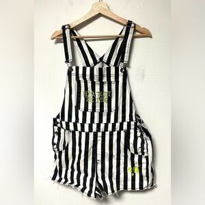 Hot Topic Beetlejuice shortalls black & white vertical stripes embroidered 
Sz L